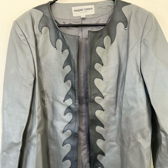 Maxene Couture New York Women’s Genuine Leather Silver Grey Jacket Size 20 NWT - Picture 2 of 12